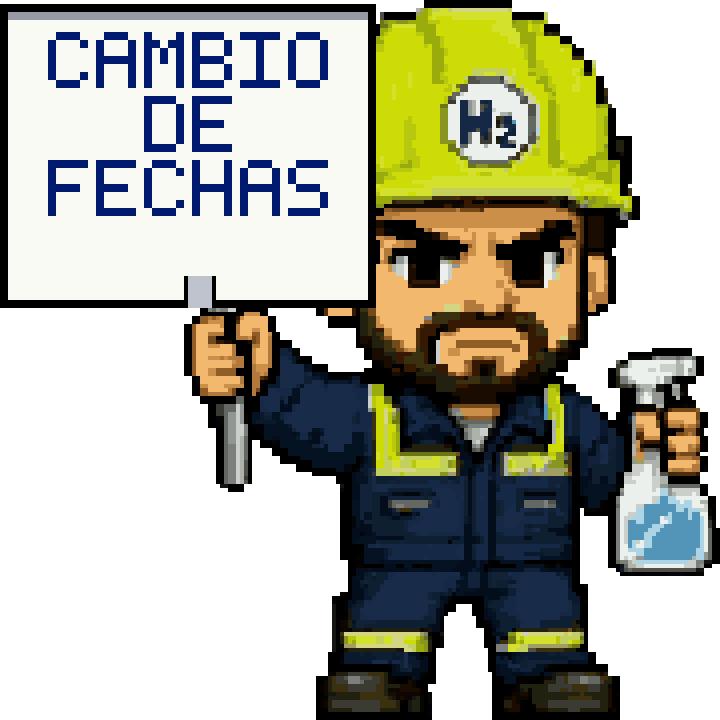 La mascota de Escuela de Protones con casco, sostiene un cartel que dice: cambio de fechas